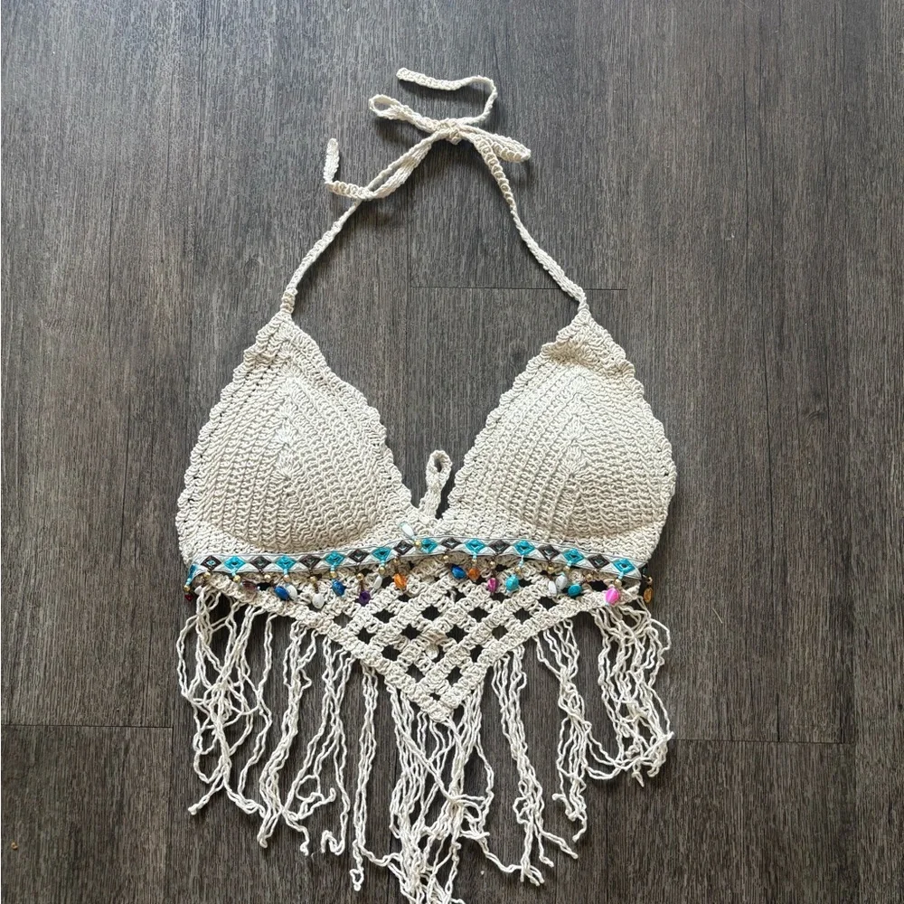 Crochet Fringe Halter Top - Cream - Picture 1 of 4
